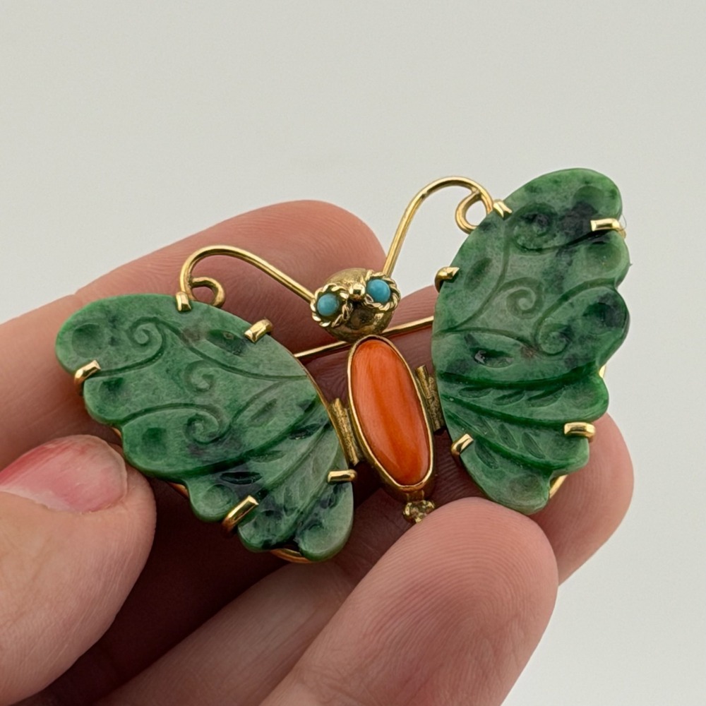 Vintage 18K Gold Moth Butterfly Brooch Carved Green Jade Coral Stone Turquoise - Picture 5 of 14